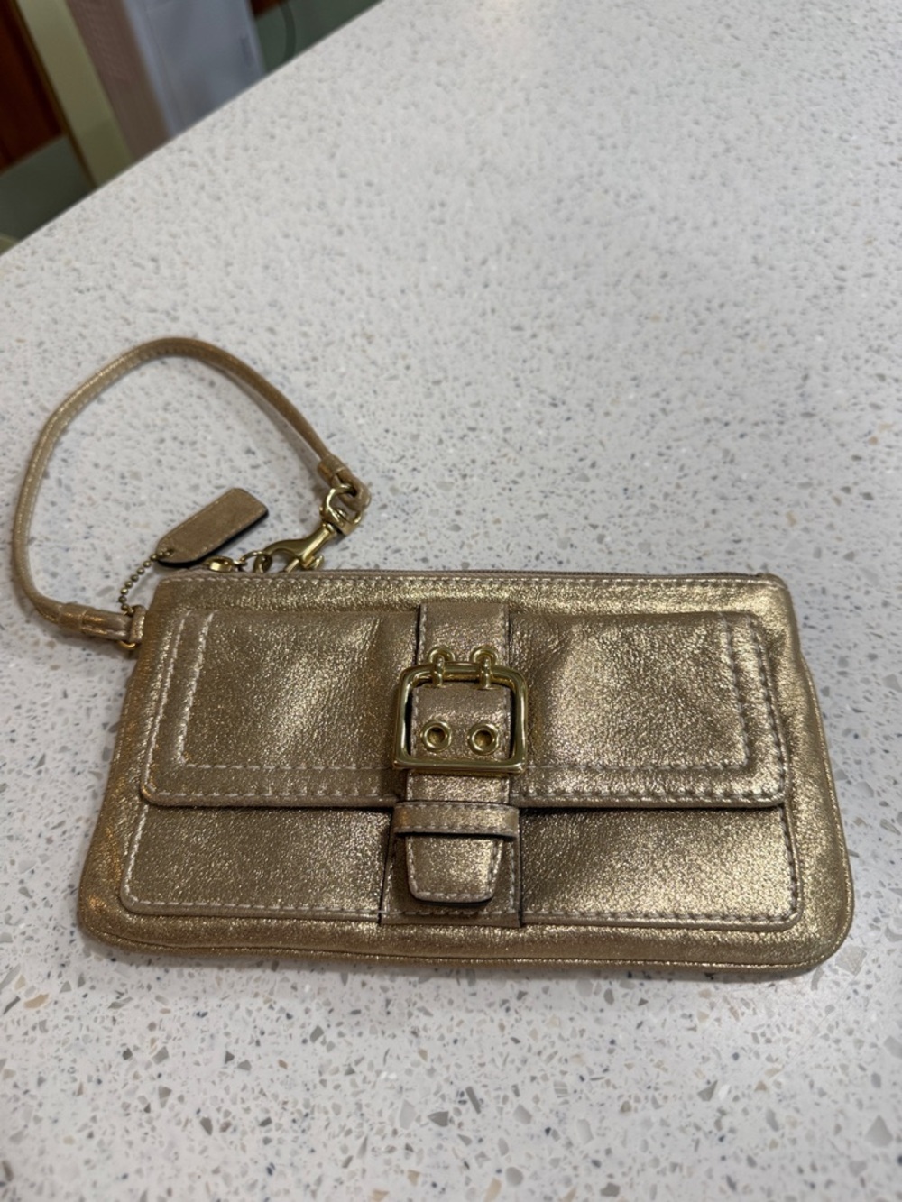 Coach Metallic Gold Nubuck Leather Wristlet Clutch with Buckle Detail